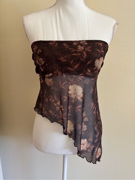 Ruby & jewell Tops - Floral Sheer Asymmetric Strapless Crop Top - Brown
